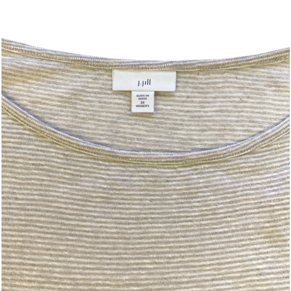J. Jill Top Size 2X Tan Striped Linen Blend Knit Dolman Crochet Trim Casual Boho - Picture 6 of 9